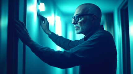 Thoughtful Elder in Dimly Lit Hallway with Neon Glow