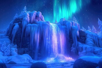 Frozen Waterfall Under the Aurora Borealis in a Winter Wonderland