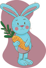 Illustration of a cute bunny holding a carrot on a white background with the inscription