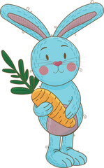 Illustration of a cute bunny holding a carrot on a white background with the inscription