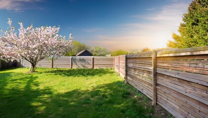 Wooden Garden Fence Framed by Blossoming Spring Tree in a Tranquil Backyard Oasis A Serene Scene Filled with Earthy Tones and Vibrant Blooms, Ideal for Digital Art, Home Decor, or Inspiring