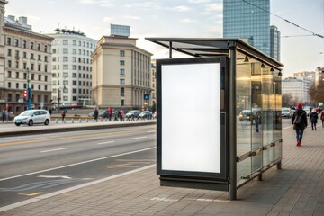 Naklejka premium Blank Vertical Billboard at a City Bus Stop 