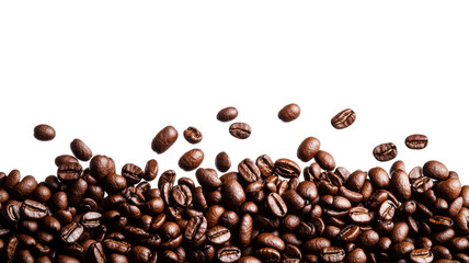 Roasted coffee beans falling on a pile with transparent background