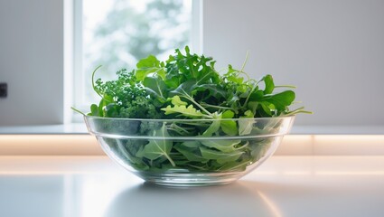 Fototapeta premium Fresh leafy greens prepared for a healthy meal in a modern kitchen during daylight