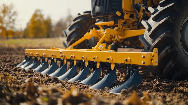 Closeup of a large yellow modern plow or disc harrow designed for soil cultivation A new agricultural equipment model