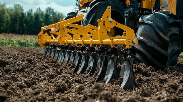 Closeup of a large yellow modern plow or disc harrow designed for soil cultivation A new agricultural equipment model