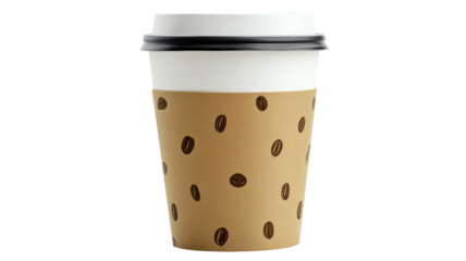 Disposable coffee cup with sleeve featuring coffee beans on transparent background