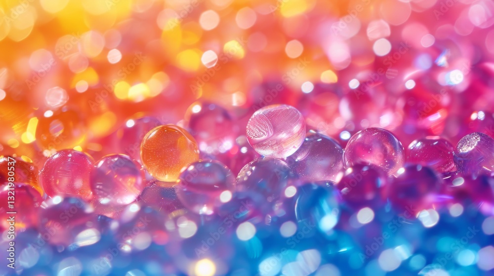 Poster a collection of translucent orbs in various colors reflects light beautifully, showcasing a rainbow 