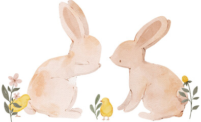 Watercolor composition of bunny, floral and chick. Hand-drawn cute animals illustrations.
