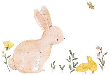 Watercolor composition of bunny, floral and chick. Hand-drawn cute animals illustrations.