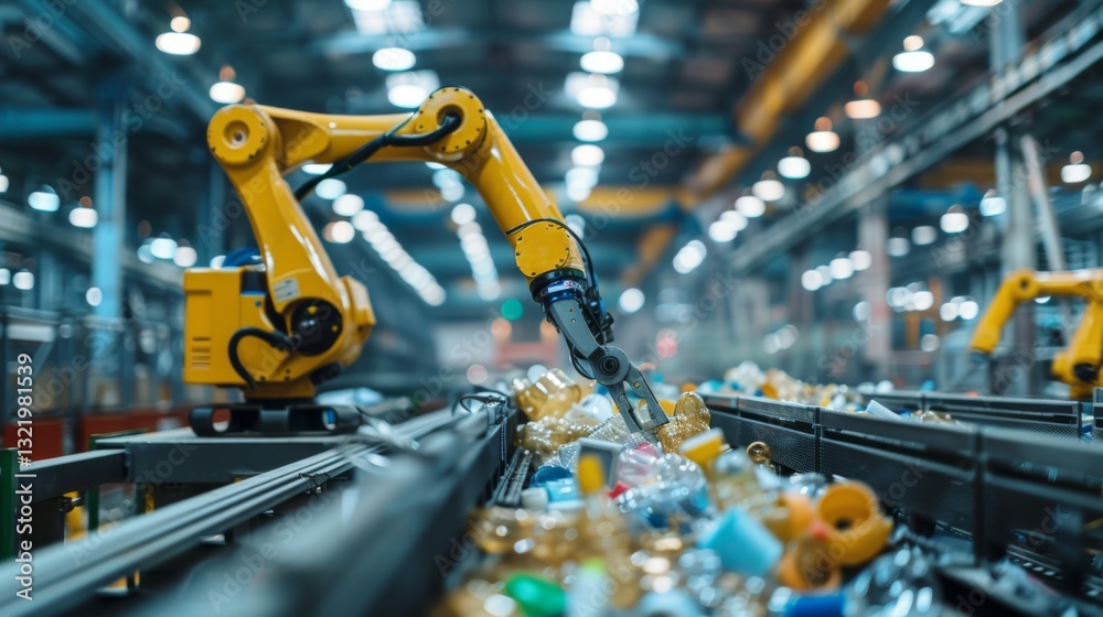Aufkleber a robotic arm moves efficiently to sort plastic bottles and other recyclables, on a conveyor belt in