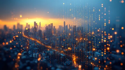 Futuristic city with glowing data streams amidst skyscrapers under vibrant sunset