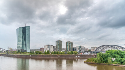 Obraz premium Frankfurt skyline featuring the modern ECB headquarters skyscraper timelapse. Frankfurt am Main, Germany