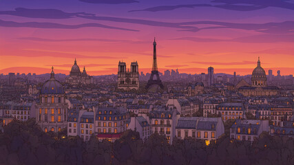 Obraz premium A sunlit illustration of a French suburban neighborhood in graphic novel style, filled with vibrant colors and daily life scenes.