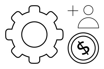 Gear signifying operations, user icon representing teamwork, and dollar sign for financial focus. Ideal for business, workflow, automation, finance, collaboration team management productivity. Flat