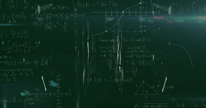Animation of mathematical equations and graphs on chalkboard with abstract light effects