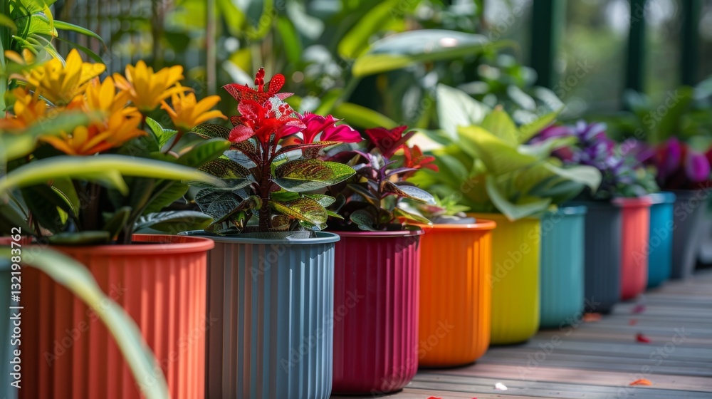 Poster brightly colored pots filled with various flowering plants line a wooden deck, illuminated by warm s