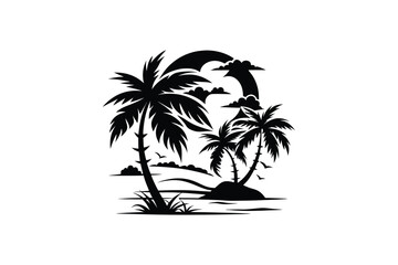 Tropical Beach Scene Silhouette - Palm Tree Island Vector Illustration,  Summer swimming-float icon set 