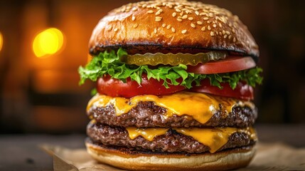 Ultimate cheeseburger stacked high with layers of beef, cheddar cheese, crisp lettuce, tomato, and sesame bun, glowing under soft light.