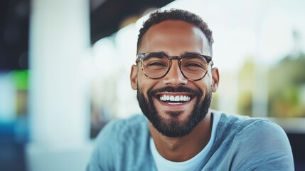 Obraz premium Happy young man with glasses smiling warmly in casual setting