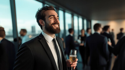 Cheerful man enjoying drink at a corporate event with professionals