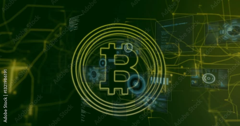 Poster glowing bitcoin symbol over animation of digital network and data processing
