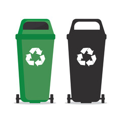 Garbage can and black silhouette isolated on white background. Plastic trash bin for recycling and sort waste. Separation and recycle trash. Refuse collection, reclamation.