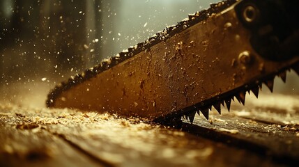 Close-up of chainsaw cutting wood, sawdust flying