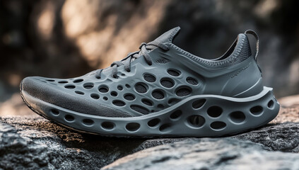 "Gray Aerodynamic Running Shoe with Perforations and Air-Inspired Design"