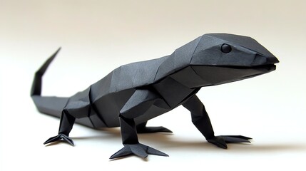 Fototapeta premium A black origami salamander, intricately folded, showcasing sharp angles and a smooth, artistic design.