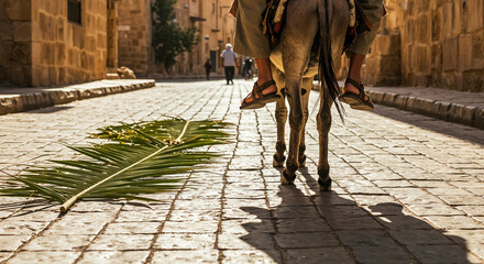 low angle shot, man sitting on donkey rides old city street, sandals almost touching ground, palm branch lying on road, warm sunlight of early Sunday , copy space for Palm Sunday and Easter backdrop
