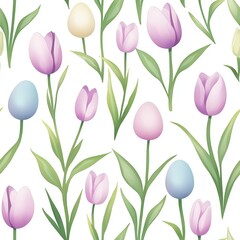 Easter celebration soft pastel tulips and egg cluster spring garden decorative pattern serene atmosphere