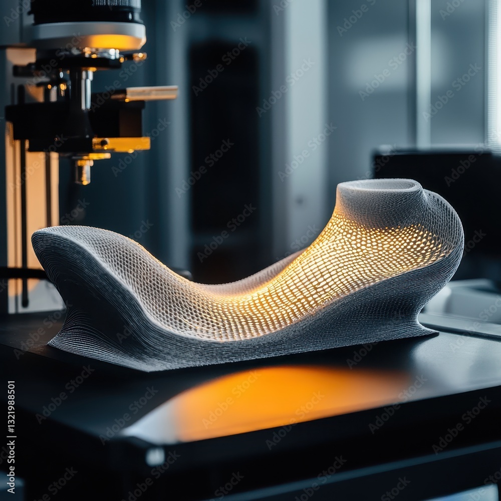Poster intricate 3d printing process with unique shaped structure in studio