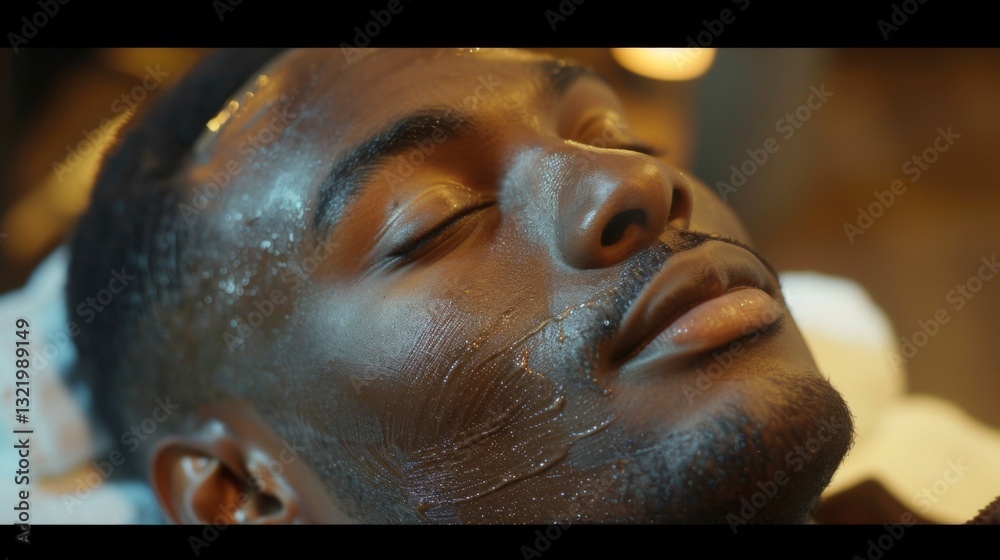 Poster a man enjoys a calming facial treatment at a spa, reclining with closed eyes while a soothing mask i