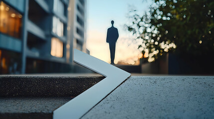 White Geometric Arrow Sign On City Sidewalk With Blurred Man In Background During Sunset