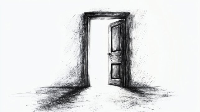 An open door reveals a bright light, symbolizing opportunity and new beginnings in a minimalist, sketch-like style.
