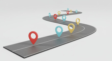 Fototapeta premium Road Trip Route: Navigating the Journey with Map Pins - Travel Destination Planner & Location Points on a Gray Road Background