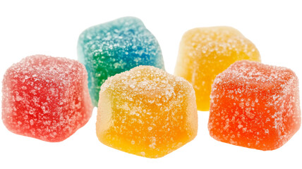 Colorful gummy candy cubes covered in sugar crystals on transparent background