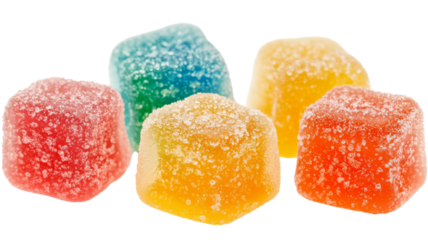 Colorful gummy candy cubes covered in sugar crystals on transparent background