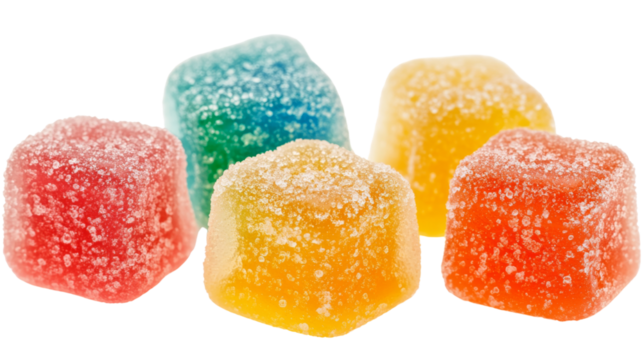 Colorful gummy candy cubes covered in sugar crystals on transparent background