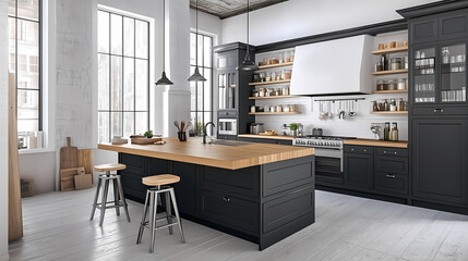 Minimalist Scandinavian farmhouse kitchen with a butcher block island, black-framed windows, and white beadboard walls