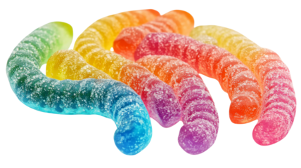 Colorful gummy worms candy on transparent background forming a rainbow