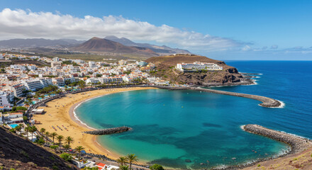 Fototapeta premium Tenerife's Coastal Charm: Scenic Beach Views & Island Paradise, Vacation Getaway, Volcanic Mountains, Clear Blue Ocean Waters, Resort Town.