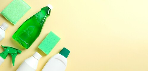 Many different house cleaning products on color background, top view