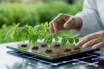 An engineer examines greenhouse data on a tablet, surrounded by thriving green plants. This moment highlights the intersection of technology and agriculture in a lush, sustainable setting