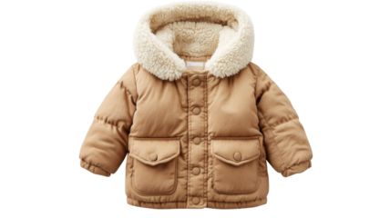 Warm padded baby jacket with hood isolated on transparent background