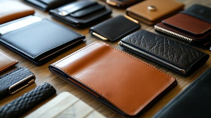 Collection of various leather wallets in different colors and styles arranged on wooden surface