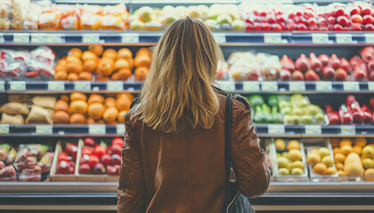 Woman shopping for fresh fruits and vegetables.