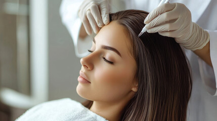 Fototapeta premium A young woman relaxes in a salon chair with her eyes closed while a stylist carefully applies a hair treatment. The atmosphere feels calm and rejuvenating