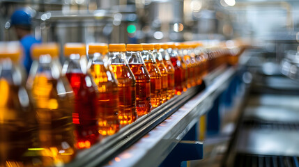A line of orange bottles on a conveyor belt